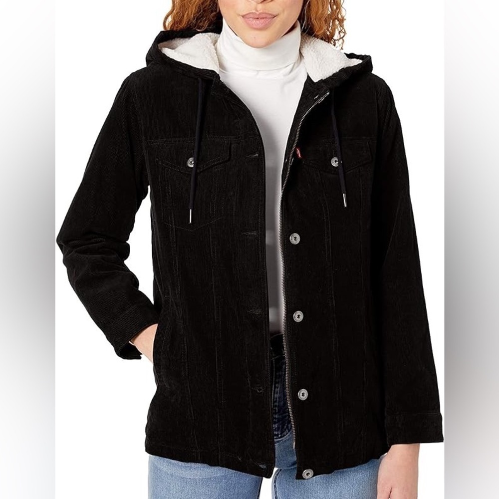 Levi's black Women's The Mia Corduroy Hooded Sherpa Trucker zip button Jacket - Picture 2 of 9
